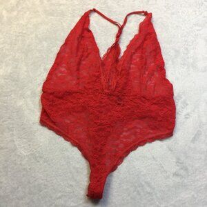 Victoria Secret Lingerie One Piece Bodysuit Size L Womans Red Lace Sheer Plunge
